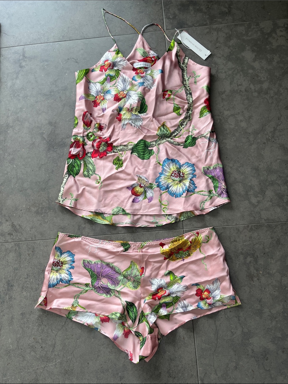 Olivia von Halle Floral Silk Camisole and Shorts Set - Pink NWT